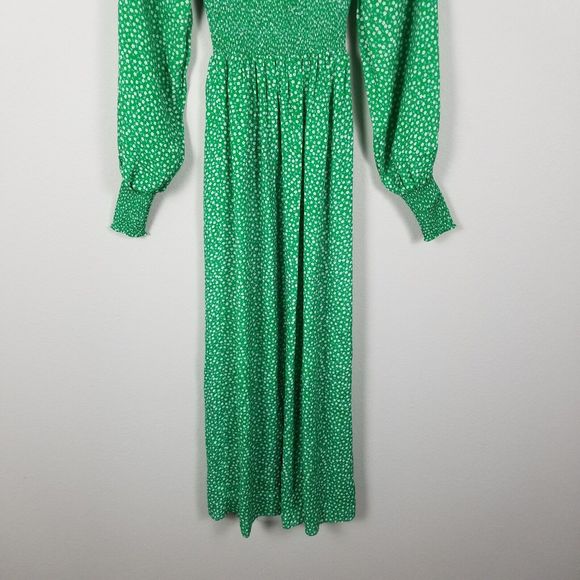 Rixo Marianne Green Micro Floral Smocked Prarie Silk Blend Midi Dress Size XXS - Picture 12 of 14